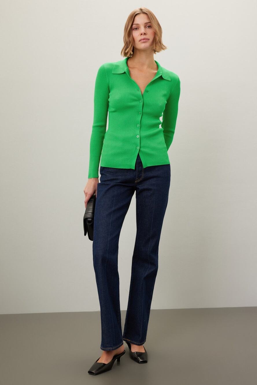 Lauren Ralph Lauren Green Collared Polo Ribbed Knit Cardigan Sweater Size M